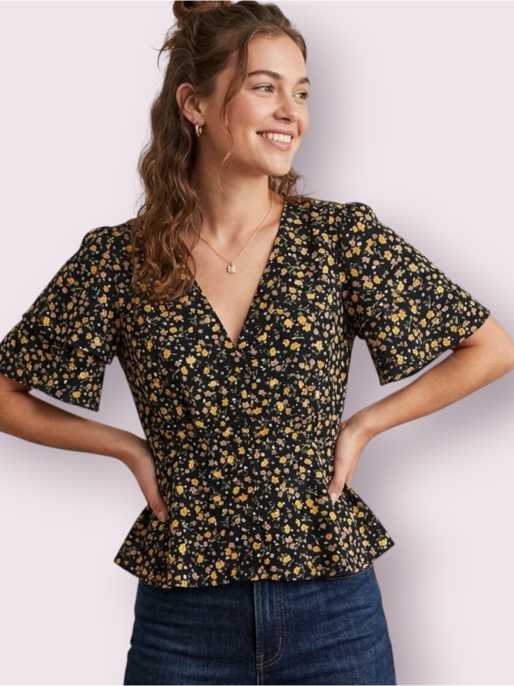 Topshop Double Frill Sleeve Tea Top Peplum Button Up Floral Black Size 4